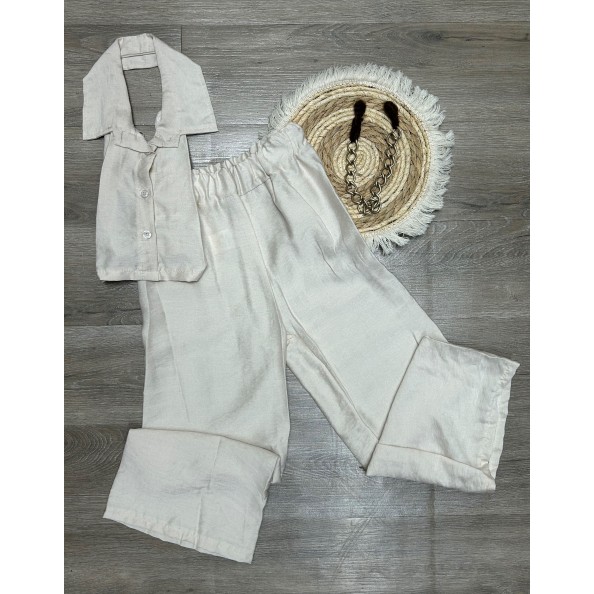 Εκρού σετ crop top και παντελόνα